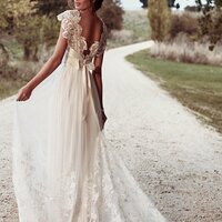 Boho Bohemian A Line Chiffon Wedding Dresses Cap Sleeve Lace Accents Big Bow Bridal Gowns，1653 - Thumbnail 1