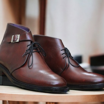 Men's handmade dark brown single buckle lace up ankle high boot, fashion boot - Thumbnail 1