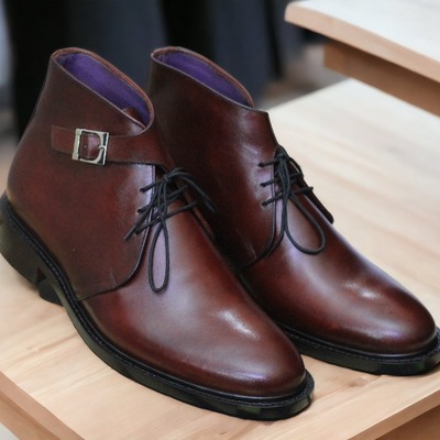 Handmade men's ankle high lace up single buckle dark brown boot, designer boot - Thumbnail 1
