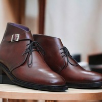 Handmade Men's Ankle High Lace Up Single Buckle Dark Brown Boot, Designer Boot - Thumbnail 1