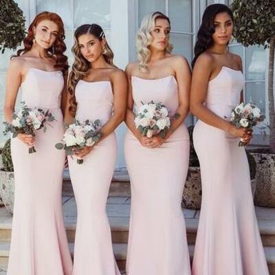 Strapless light pink long bridesmaid dresses - Thumbnail 3