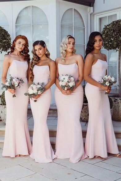 Strapless Light Pink Long Bridesmaid Dresses
