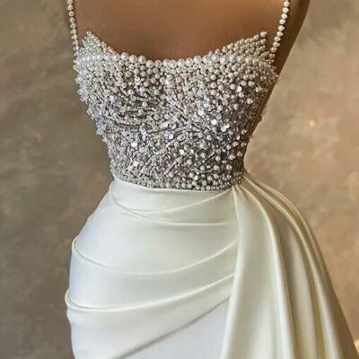 Charming straps ivory prom dress with pearl  - Thumbnail 3