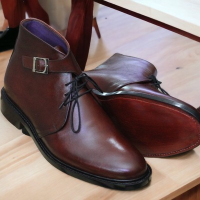 Handmade men's ankle high dark brown single buckle boot, fashion boot - Thumbnail 2