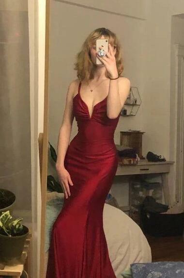 Spaghetti Straps Wine Red Long Prom Dresses