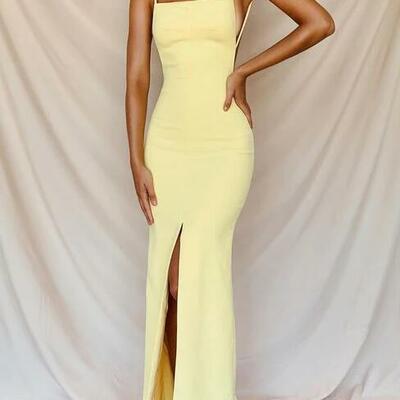 Simple a line yellow side slit prom dress