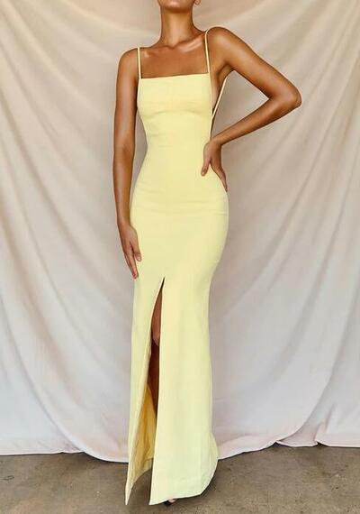 Simple A Line Yellow Side Slit Prom Dress