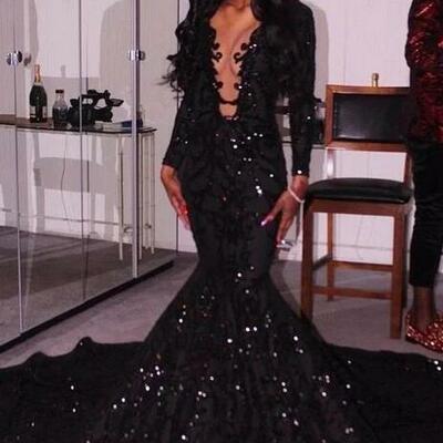 Mermaid sequin black deep v neck long prom dresses - Thumbnail 5