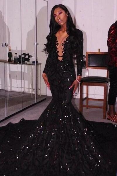 Mermaid Sequin Black Deep V Neck Long Prom Dresses