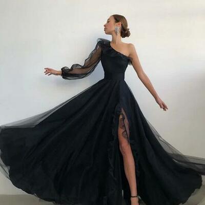 One shoulder black long evening dress split prom dresses - Thumbnail 2