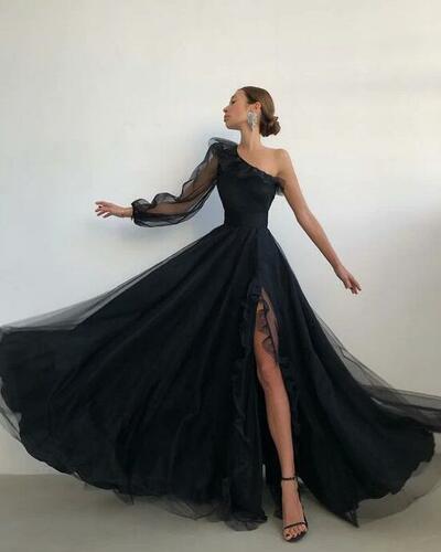 One Shoulder Black Long Evening Dress Split Prom Dresses