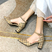 Stunning Milan Ankle-strap Plaid Chunky High Heel Pointed Toe Sandals Shoes - Thumbnail 1