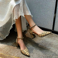 Stunning Milan Ankle-strap Plaid Chunky High Heel Pointed Toe Sandals Shoes - Thumbnail 3