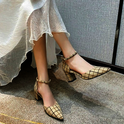 Stunning milan ankle-strap plaid chunky high heel pointed toe sandals shoes
