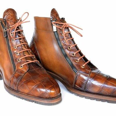 New handmade men's paul parkman brown genuine crocodile & calfskin side zipper boots - Thumbnail 2