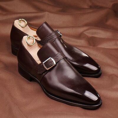 Handmade men meleze box calf single monks with shark skin straps - Thumbnail 3