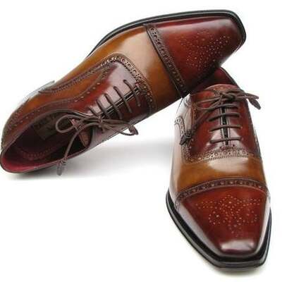 New handmade men's cap-toe oxfords - camel / red shoes - Thumbnail 3
