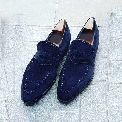 Handmade blue color suede penny loafer slipper party dress men's fashion moccasin shoes - Thumbnail 3