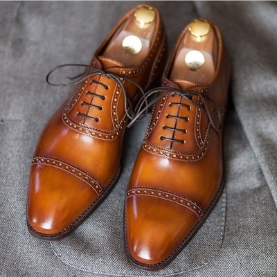 Handmade men's tan color cap toe stylish shoes stylish lace up leather shoes - Thumbnail 2