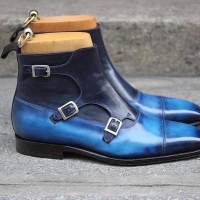 Handmade 2 tone blue leather buckle boot, men's triple monk strap cap toe boot - Thumbnail 3