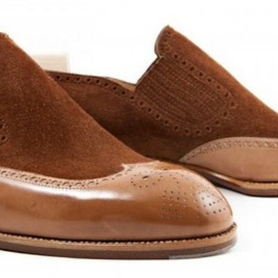 Men's brown loafer slip on suede real leather wing tip brogue toe shoes - Thumbnail 1