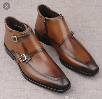 Apron Toe Chukka Brown Tone Classic Leather Men Double Buckle Strap Monk Boots