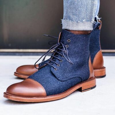 Tweed brown color burnished rounded cap toe high ankle handmade lace up boots - Thumbnail 1