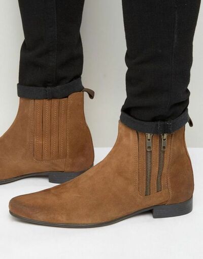 Brown Tone Magnificiant Suede Leather Mens Handcrafted High Ankle Zipper Boots