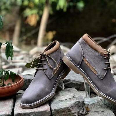 Handmade men's genuine grey leather derby formal / casual lace up boots - Thumbnail 2