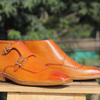 Handmade Men Tan Buckle Leather Ankle Boots Mens - Thumbnail 1