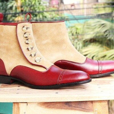 Handmade men’s burgundy button top ankle boots - Thumbnail 1