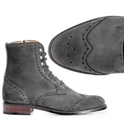 Handmade gray brogue wing tip side zipper high ankle suede leather boots men - Thumbnail 3