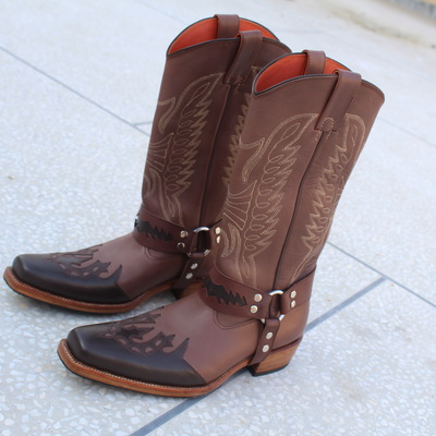 Crafted leather new handmade men's buckle caved cowboy boots