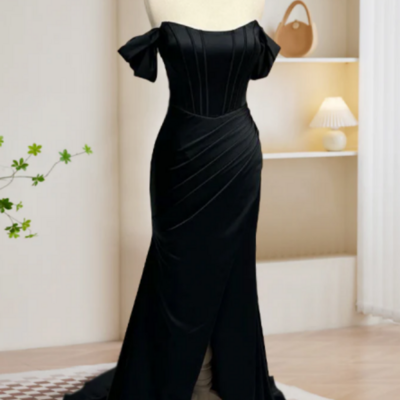 Black off shoulder satin mermaid long prom dress, black long evening dress kpp1613