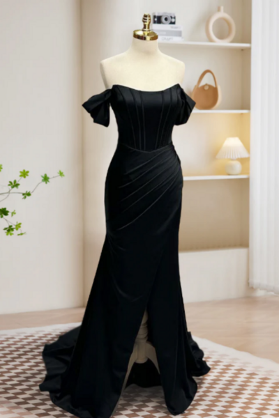 Black Off Shoulder Satin Mermaid Long Prom Dress, Black Long Evening Dress KPP1613