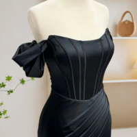 Black Off Shoulder Satin Mermaid Long Prom Dress, Black Long Evening Dress KPP1613 - Thumbnail 1