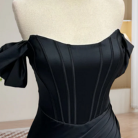 Black Off Shoulder Satin Mermaid Long Prom Dress, Black Long Evening Dress KPP1613 - Thumbnail 2