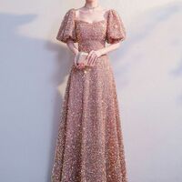 New evening dress champagne color sequined high-end light luxury niche dress skirt - Thumbnail 1