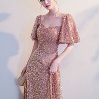 New evening dress champagne color sequined high-end light luxury niche dress skirt - Thumbnail 5