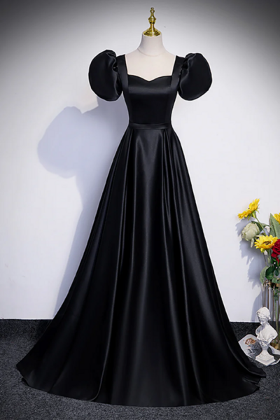 Black Satin Floor Length Prom Dress, Simple Black Short Sleeve Evening Dress KPP1615