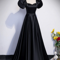 Black Satin Floor Length Prom Dress, Simple Black Short Sleeve Evening Dress KPP1615 - Thumbnail 2