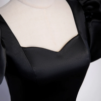 Black Satin Floor Length Prom Dress, Simple Black Short Sleeve Evening Dress KPP1615 - Thumbnail 1