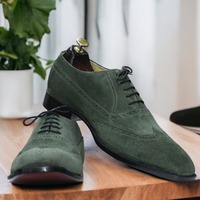 Men's Handmade Green Leather Suede Wing Tip Lace Up Shoes, Dress Shoes - Thumbnail 2