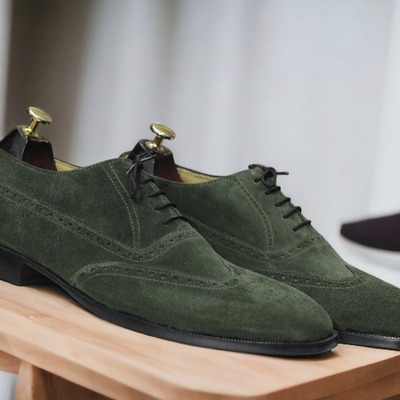 Men's handmade green leather suede wing tip lace up shoes, dress shoes - Thumbnail 1