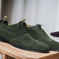 Bespoke Men's Suede Leather Green Lace Up Wing Tip Shoes. Dress Shoes - Thumbnail 1