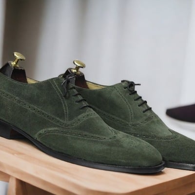 Bespoke men's suede leather green lace up wing tip shoes. dress shoes - Thumbnail 2