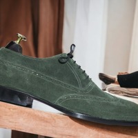 Bespoke Men's Suede Leather Green Lace Up Wing Tip Shoes. Dress Shoes - Thumbnail 2