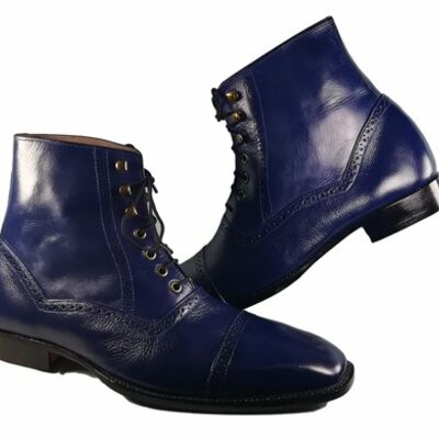 Stylish men's handmade navy blue leather cap top ankle high fashion lace up boots - Thumbnail 2