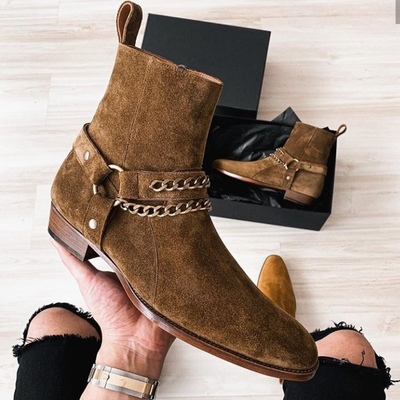 Handmade men’s ankle high suede boot men’s dark brown madrid straps & chain style side zipper boot - Thumbnail 2