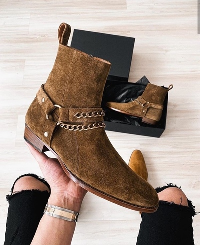 Handmade Men’s Ankle High Suede Boot Men’s Dark Brown Madrid Straps & Chain Style Side Zipper Boot